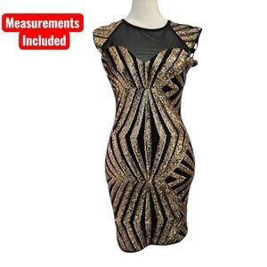 Active Seller! Entry Sequin Bodycon Dress Black Gold Art Deco Cocktail NYE Small